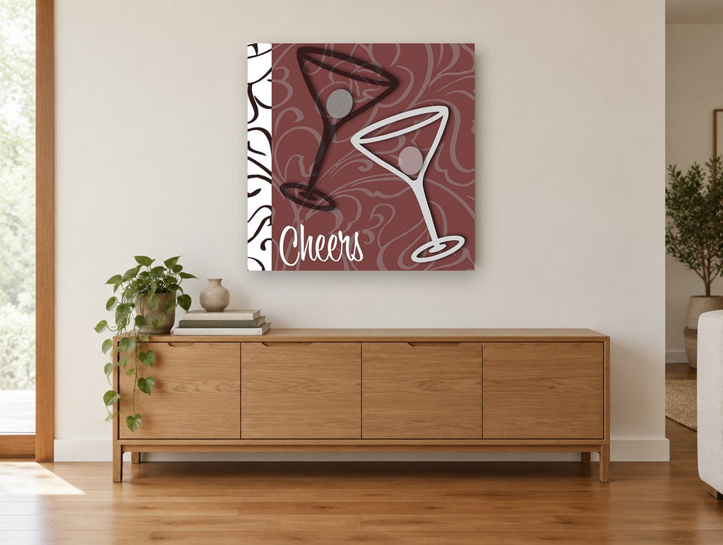 Burgundy Swirl Martini Toast kitchen canvas print on the wall of a living room above a sideboard