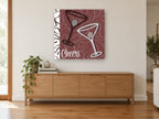 Burgundy Swirl Martini Toast kitchen canvas print on the wall of a living room above a sideboard