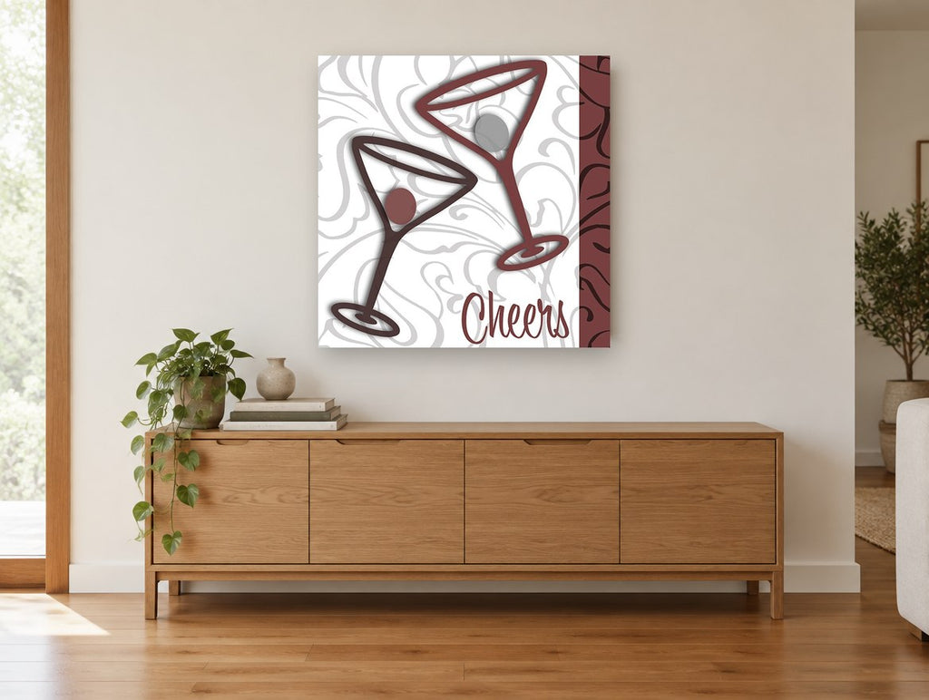 Cheers Martini Duo kitchen canvas print on the wall of a living room above a sideboard