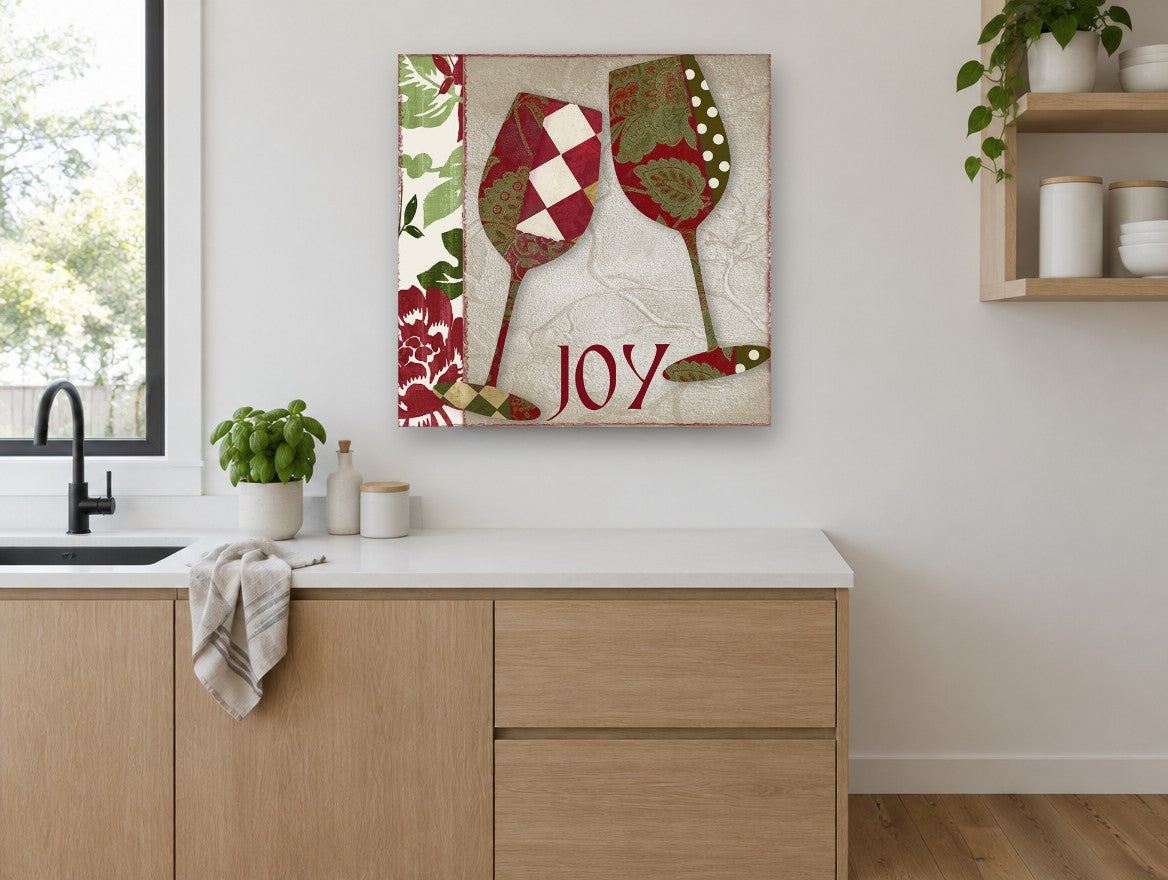 Joy Patchwork Wine Glasses kitchen canvas print on the wall of a kitchen