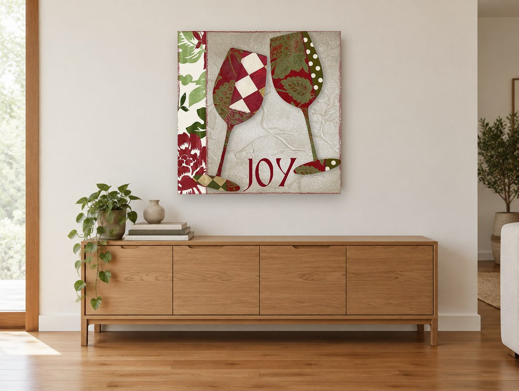 Joy Patchwork Wine Glasses kitchen canvas print on the wall of a living room above a sideboard