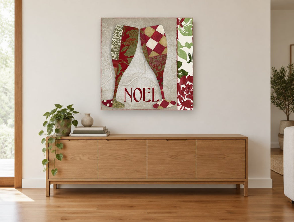 Noel Champagne Flutes kitchen canvas print on the wall of a living room above a sideboard