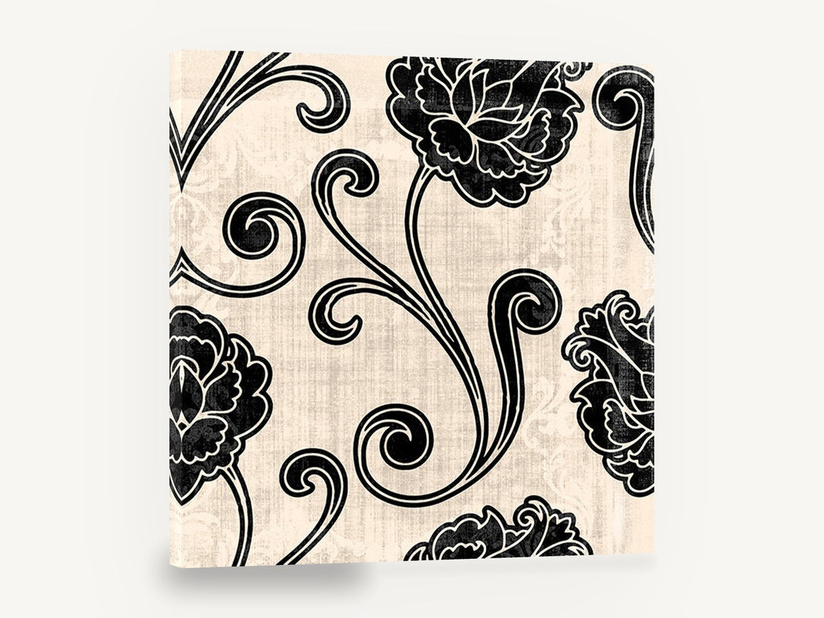 Black Peony Scrolls, black peony scroll floral pattern, floral canvas wall art print ready to hang