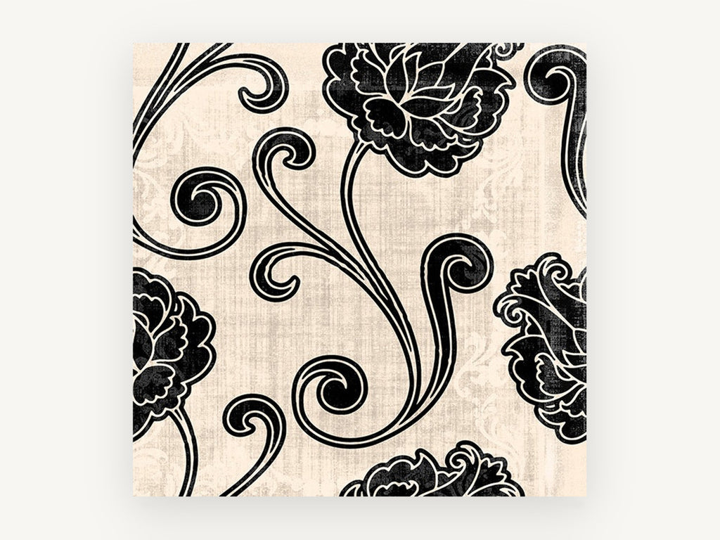 Black Peony Scrolls, floral canvas wall art print, front view