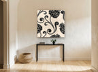Black Peony Scrolls floral canvas print on the wall of a hallway