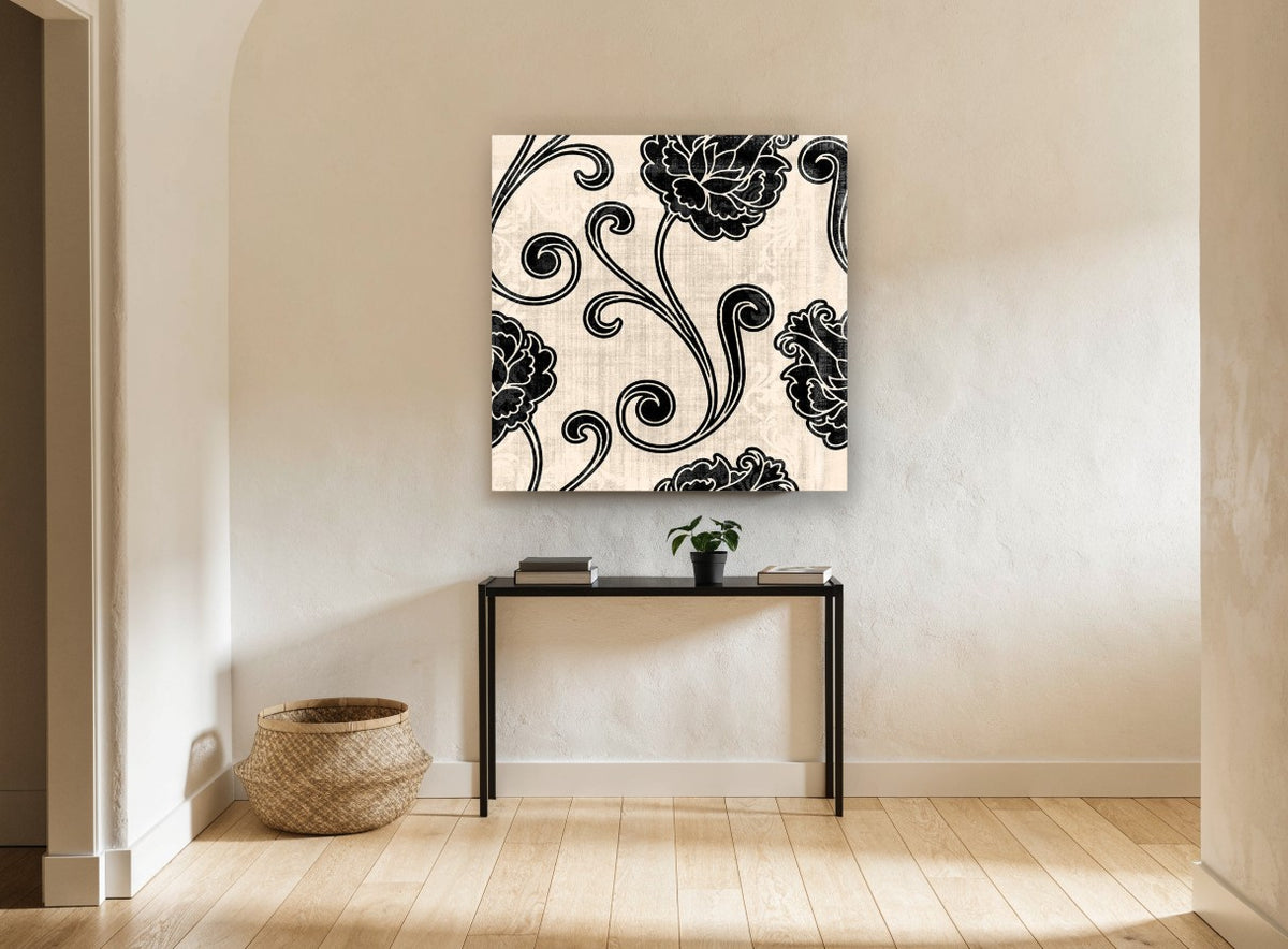 Black Peony Scrolls floral canvas print on the wall of a hallway