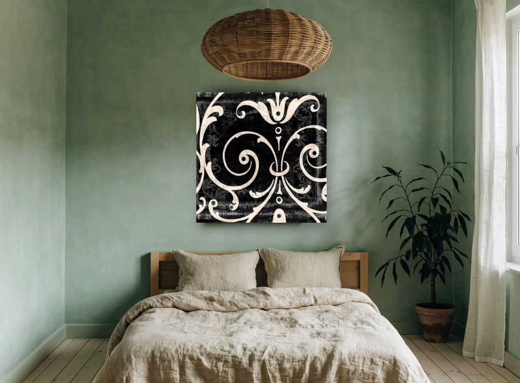 Cream Scroll Damask floral canvas print on the wall of a bedroom