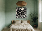 Cream Scroll Damask floral canvas print on the wall of a bedroom