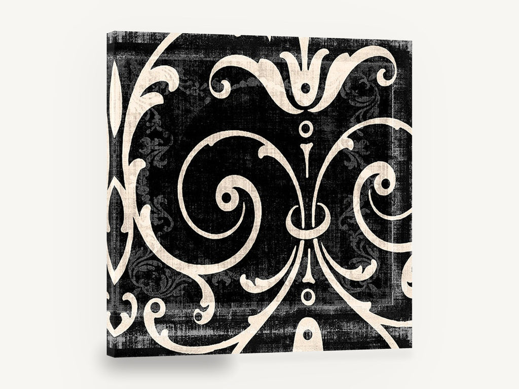 Cream Scroll Damask, black and cream damask scrollwork, floral canvas wall art print ready to hang
