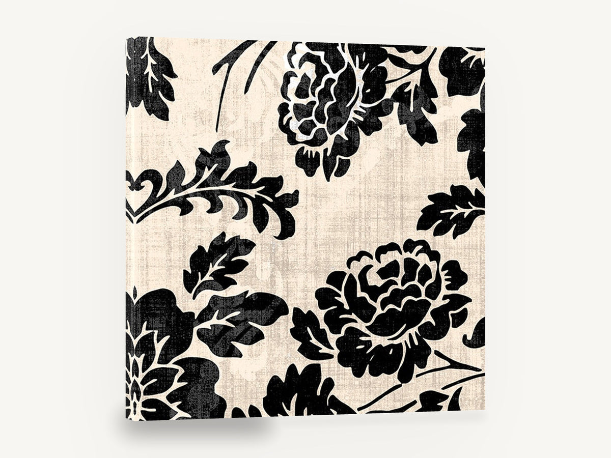 Black Damask Roses, black and cream damask rose pattern, floral canvas wall art print ready to hang