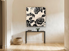 Black Damask Roses floral canvas print on the wall of a hallway