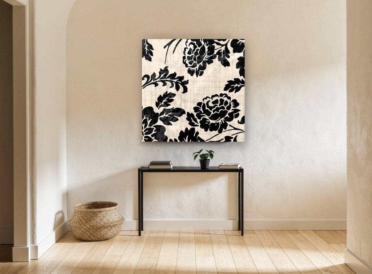 Black Damask Roses floral canvas print on the wall of a hallway