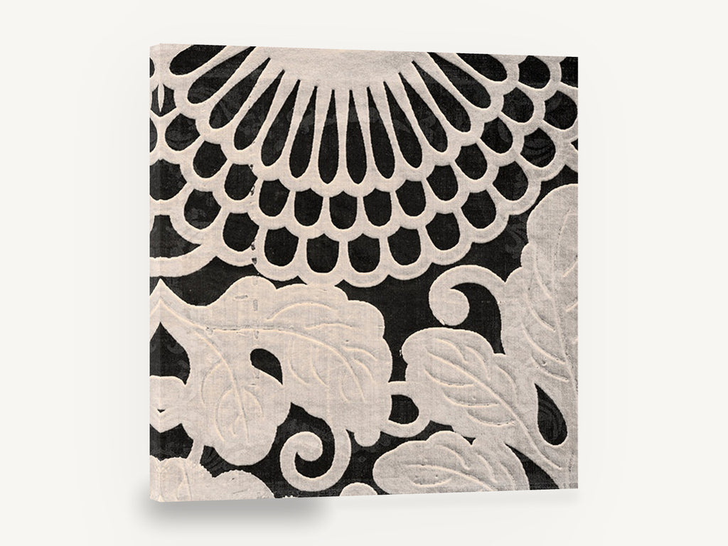 Cream Chrysanthemum Relief, cream chrysanthemum leaf pattern black, floral canvas wall art print ready to hang