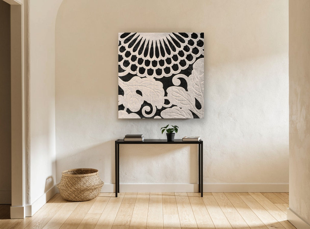 Cream Chrysanthemum Relief floral canvas print on the wall of a hallway
