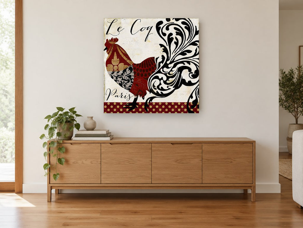 Patchwork Coq de Paris floral canvas print on the wall of a living room above a sideboard