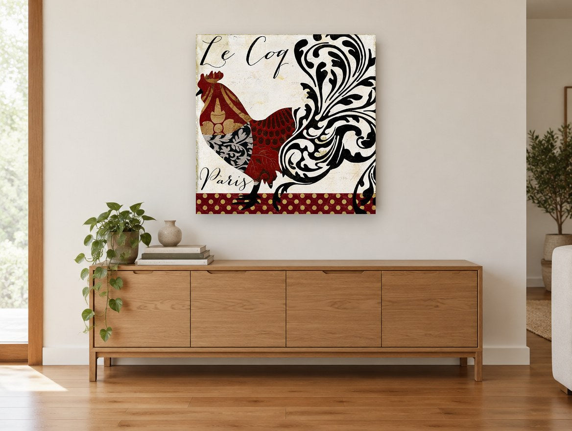 Patchwork Coq de Paris floral canvas print on the wall of a living room above a sideboard