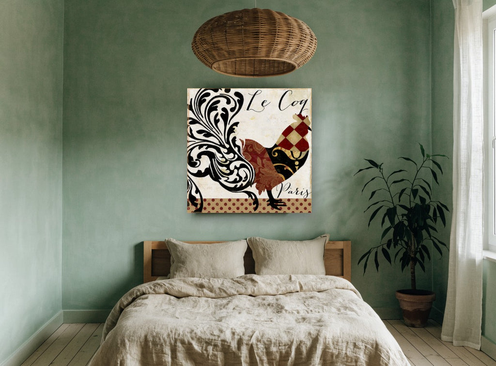 Patchwork Rooster Paris floral canvas print on the wall of a bedroom