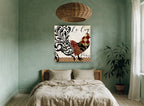Patchwork Rooster Paris floral canvas print on the wall of a bedroom