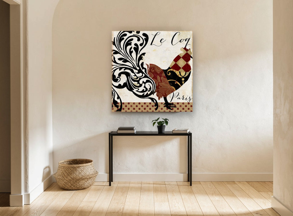 Patchwork Rooster Paris floral canvas print on the wall of a hallway