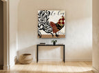 Patchwork Rooster Paris floral canvas print on the wall of a hallway