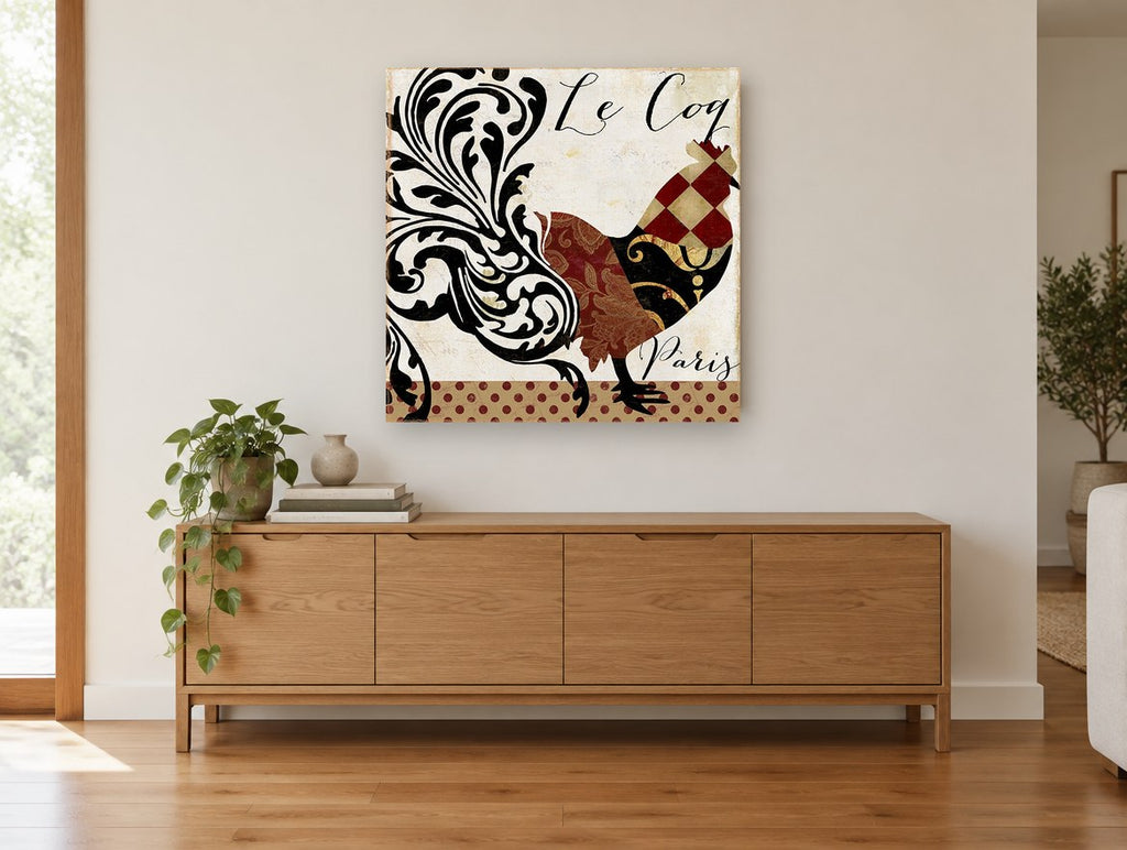 Patchwork Rooster Paris floral canvas print on the wall of a living room above a sideboard