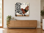 Patchwork Rooster Paris floral canvas print on the wall of a living room above a sideboard