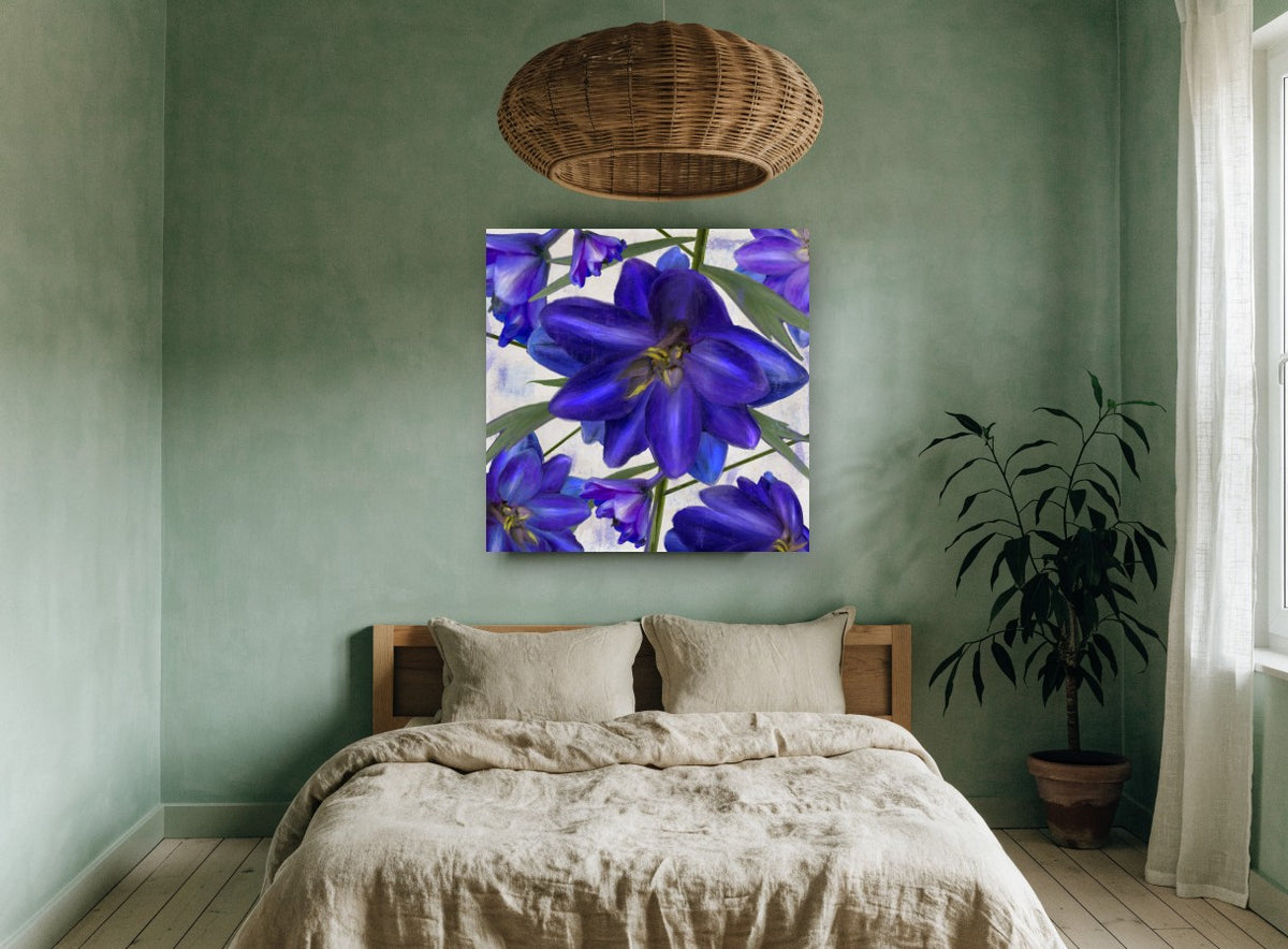Indigo Larkspur Study floral canvas print on the wall of a bedroom