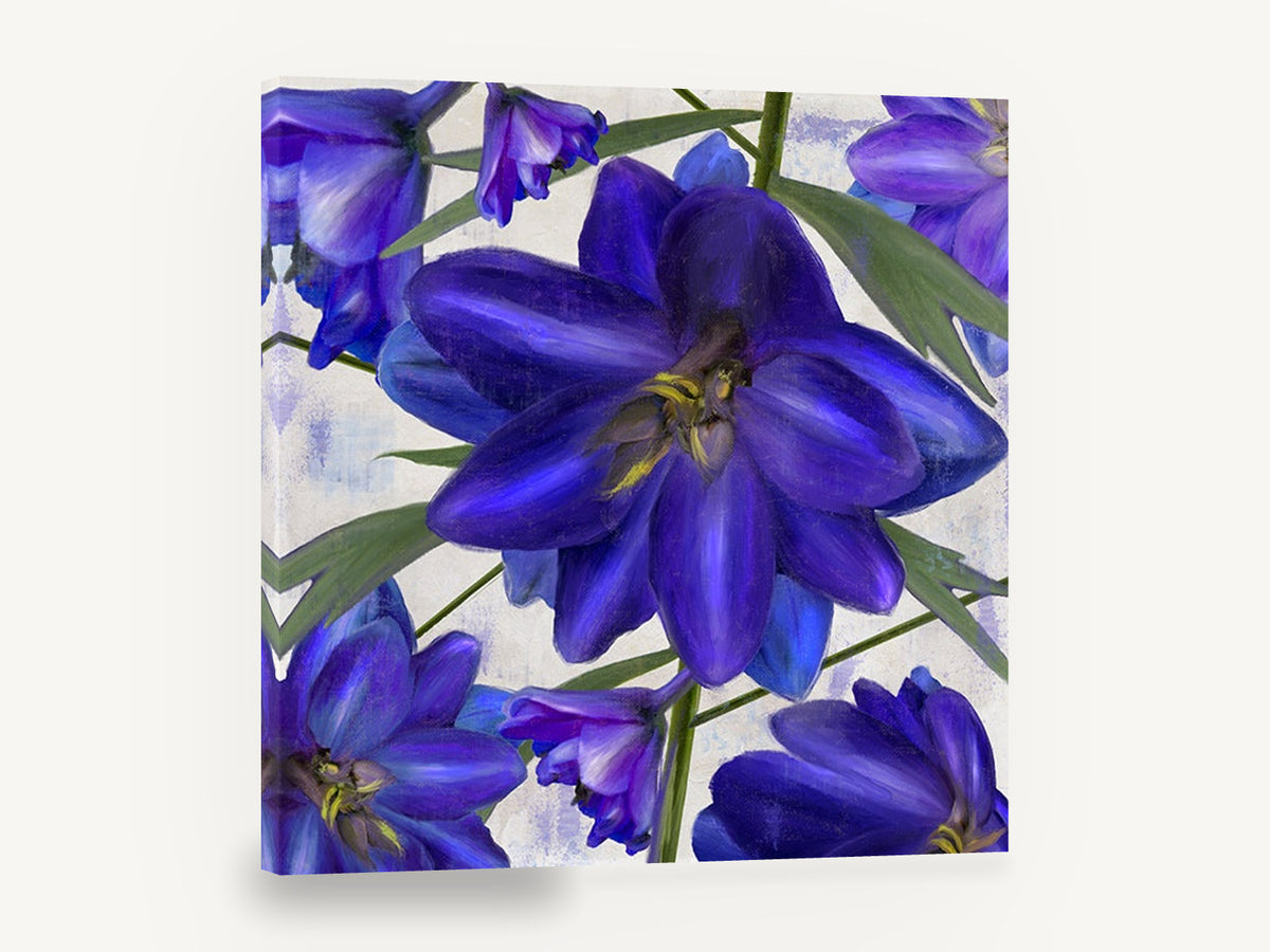 Indigo Larkspur Study, blue delphinium flowers painterly botanical, floral canvas wall art print ready to hang