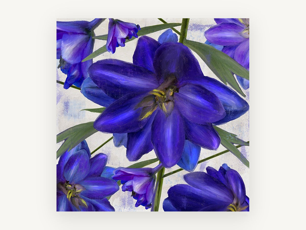 Indigo Larkspur Study, floral canvas wall art print, front view