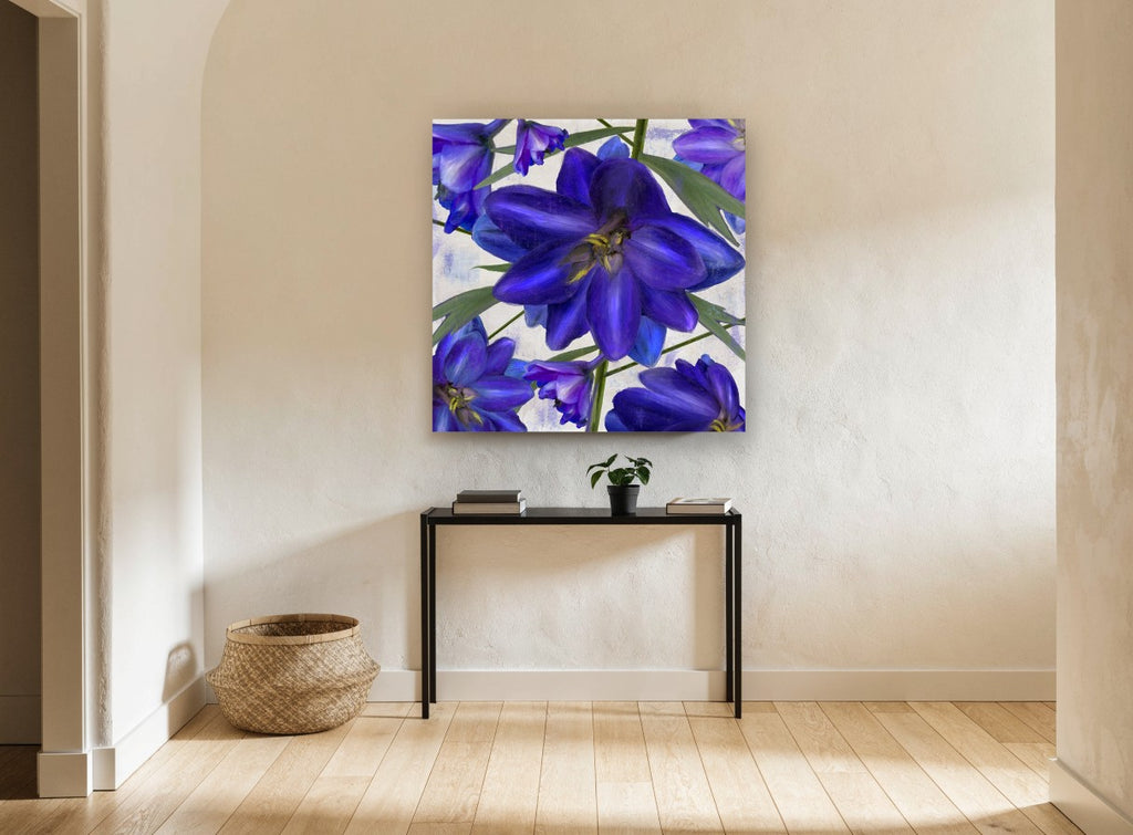 Indigo Larkspur Study floral canvas print on the wall of a hallway