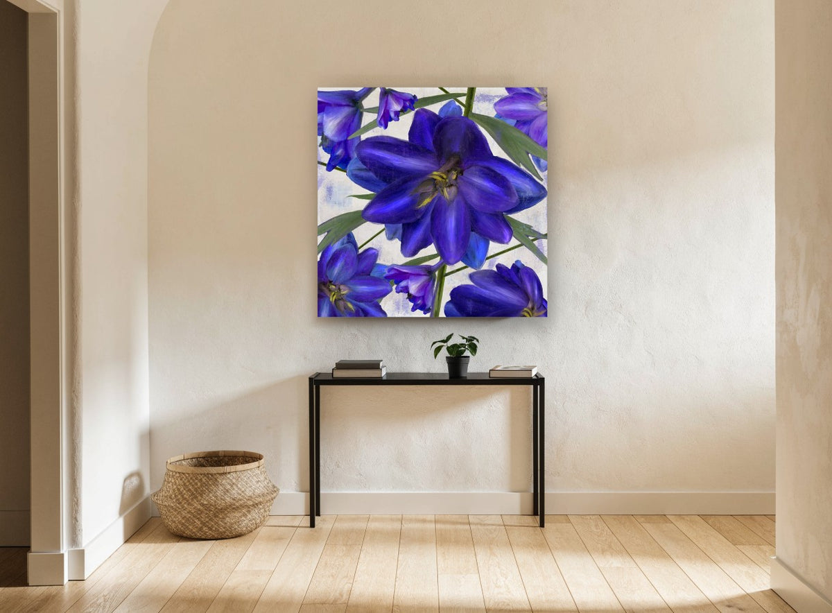 Indigo Larkspur Study floral canvas print on the wall of a hallway