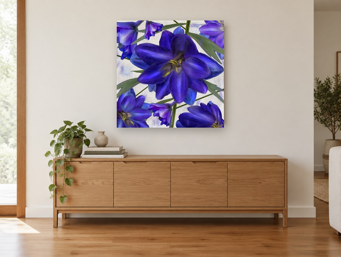 Indigo Larkspur Study floral canvas print on the wall of a living room above a sideboard
