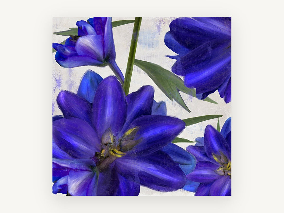 Indigo Delphinium Bloom, floral canvas wall art print, front view