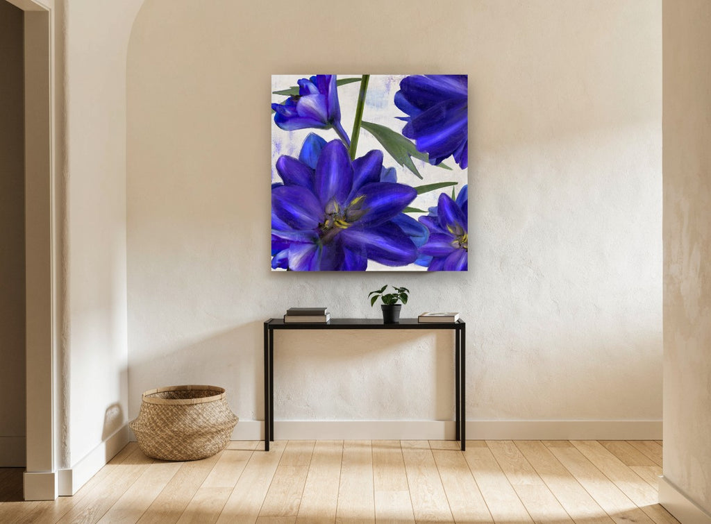 Indigo Delphinium Bloom floral canvas print on the wall of a hallway