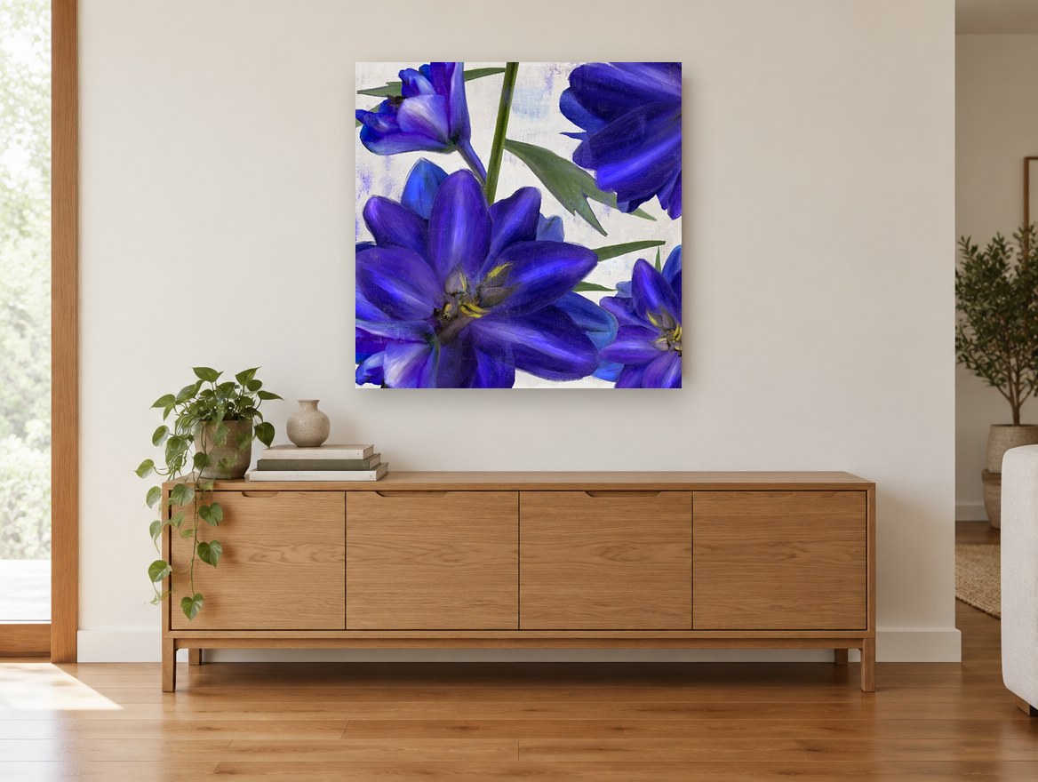 Indigo Delphinium Bloom floral canvas print on the wall of a living room above a sideboard