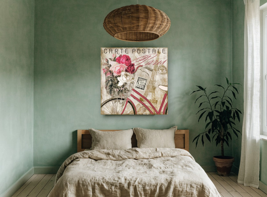 Paris Rose Bicycle floral canvas print on the wall of a bedroom