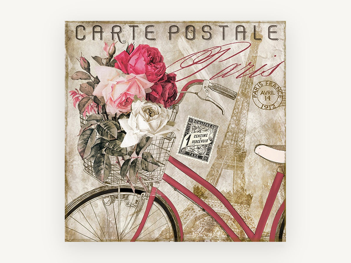 Paris Rose Bicycle, floral canvas wall art print, front view