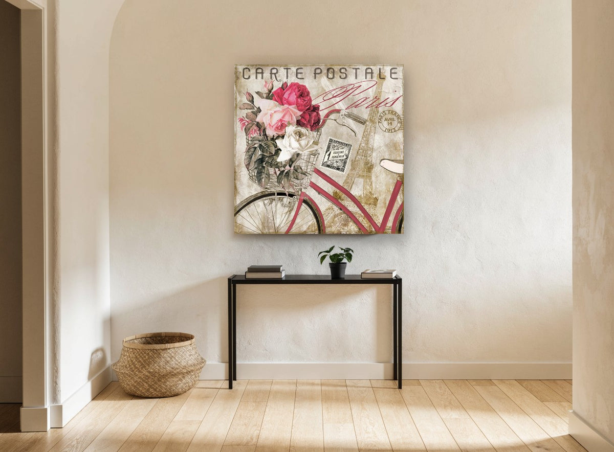 Paris Rose Bicycle floral canvas print on the wall of a hallway
