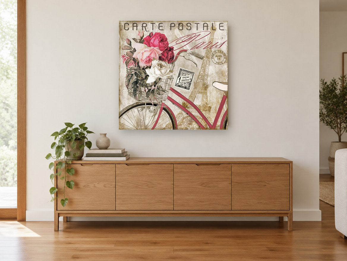 Paris Rose Bicycle floral canvas print on the wall of a living room above a sideboard