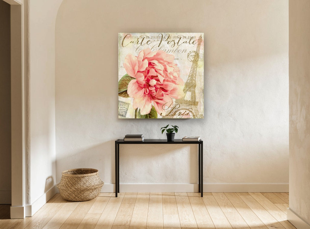 Paris Postcard Peony floral canvas print on the wall of a hallway