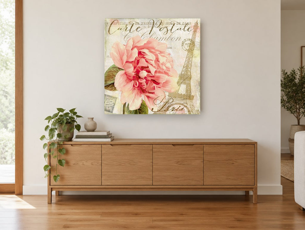 Paris Postcard Peony floral canvas print on the wall of a living room above a sideboard