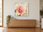 Paris Postcard Peony floral canvas print on the wall of a living room above a sideboard