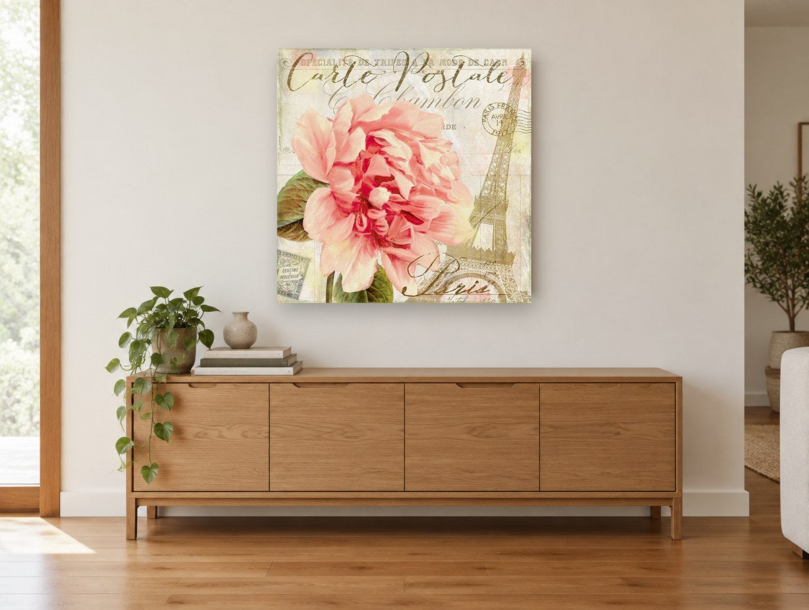 Paris Postcard Peony floral canvas print on the wall of a living room above a sideboard