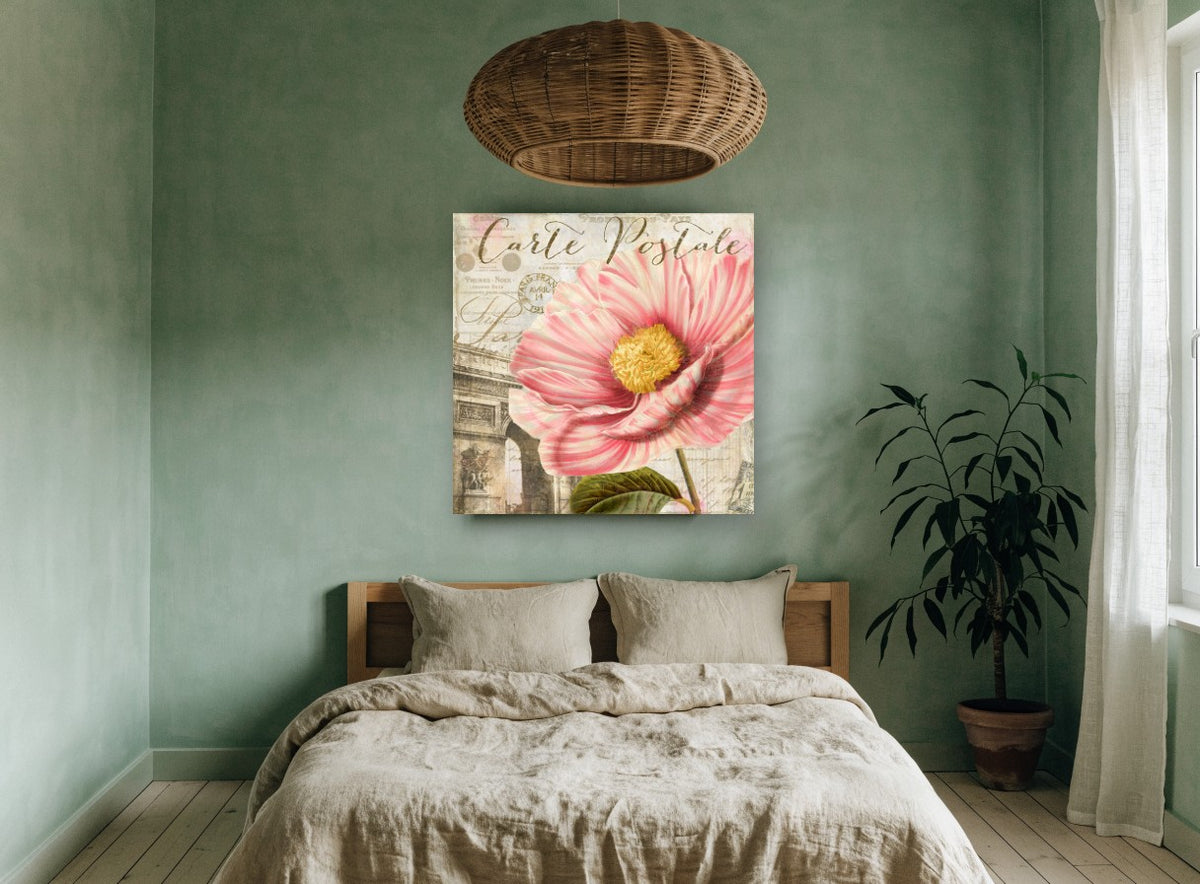 Pink Bloom Paris Postcard floral canvas print on the wall of a bedroom