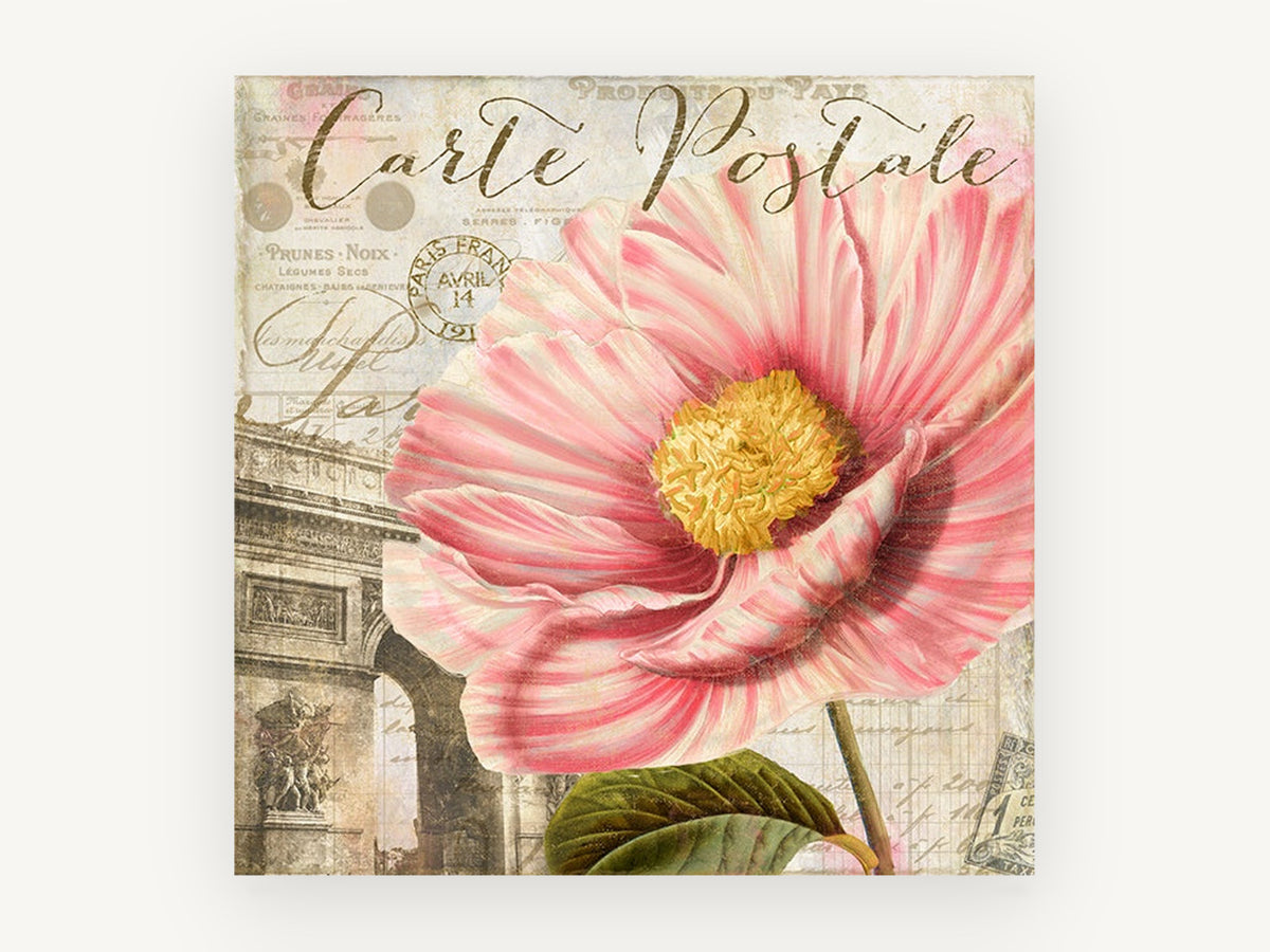 Pink Bloom Paris Postcard, floral canvas wall art print, front view