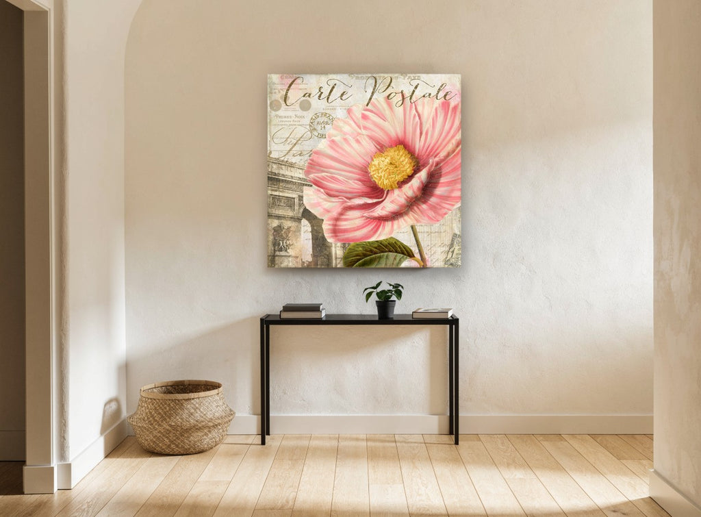 Pink Bloom Paris Postcard floral canvas print on the wall of a hallway