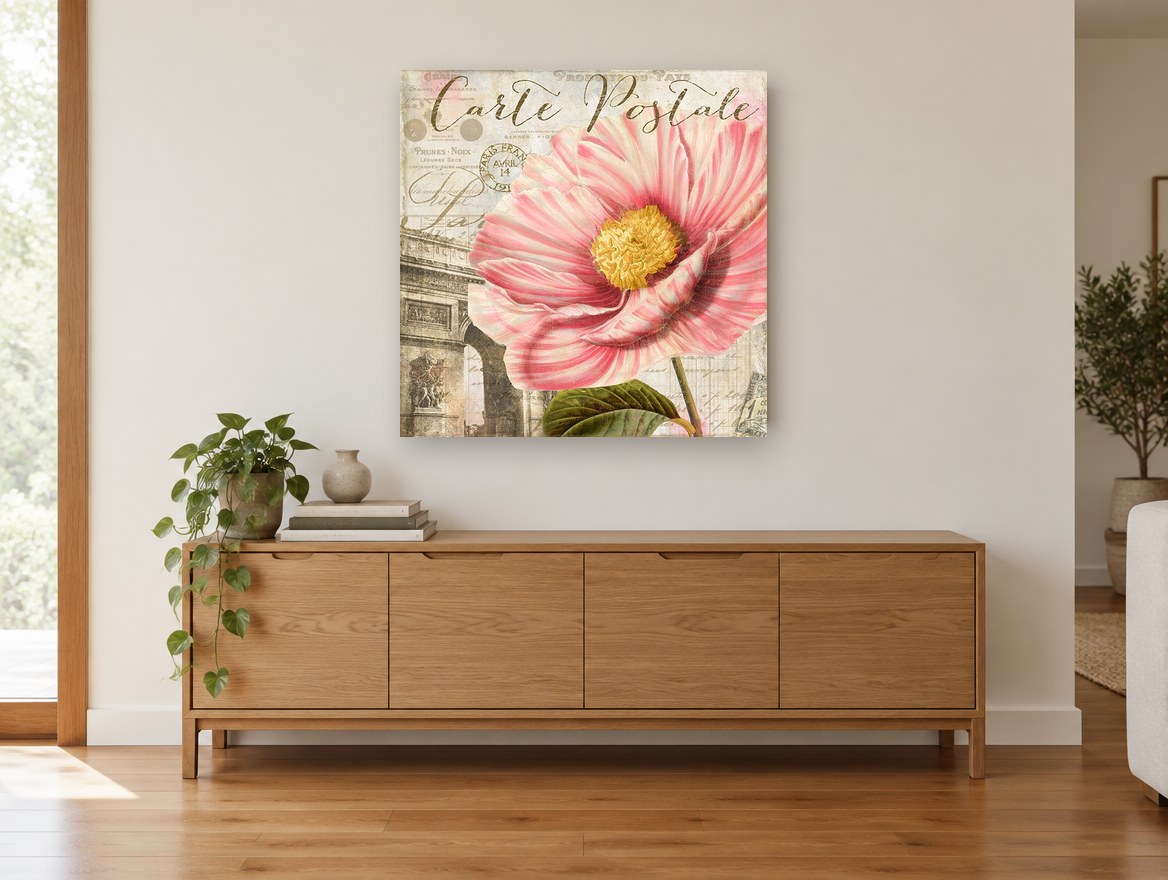 Pink Bloom Paris Postcard floral canvas print on the wall of a living room above a sideboard