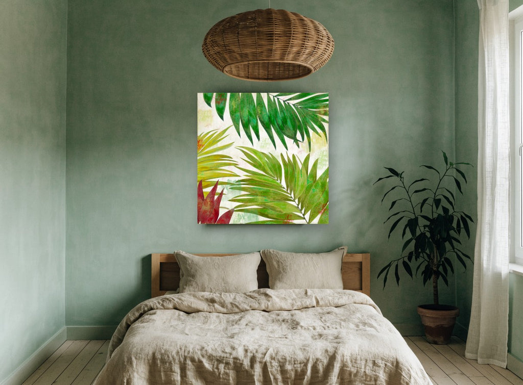 Layered Palm Fronds floral canvas print on the wall of a bedroom