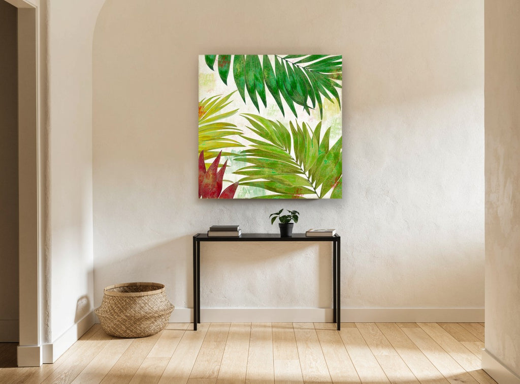 Layered Palm Fronds floral canvas print on the wall of a hallway