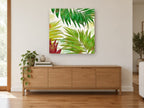 Layered Palm Fronds floral canvas print on the wall of a living room above a sideboard